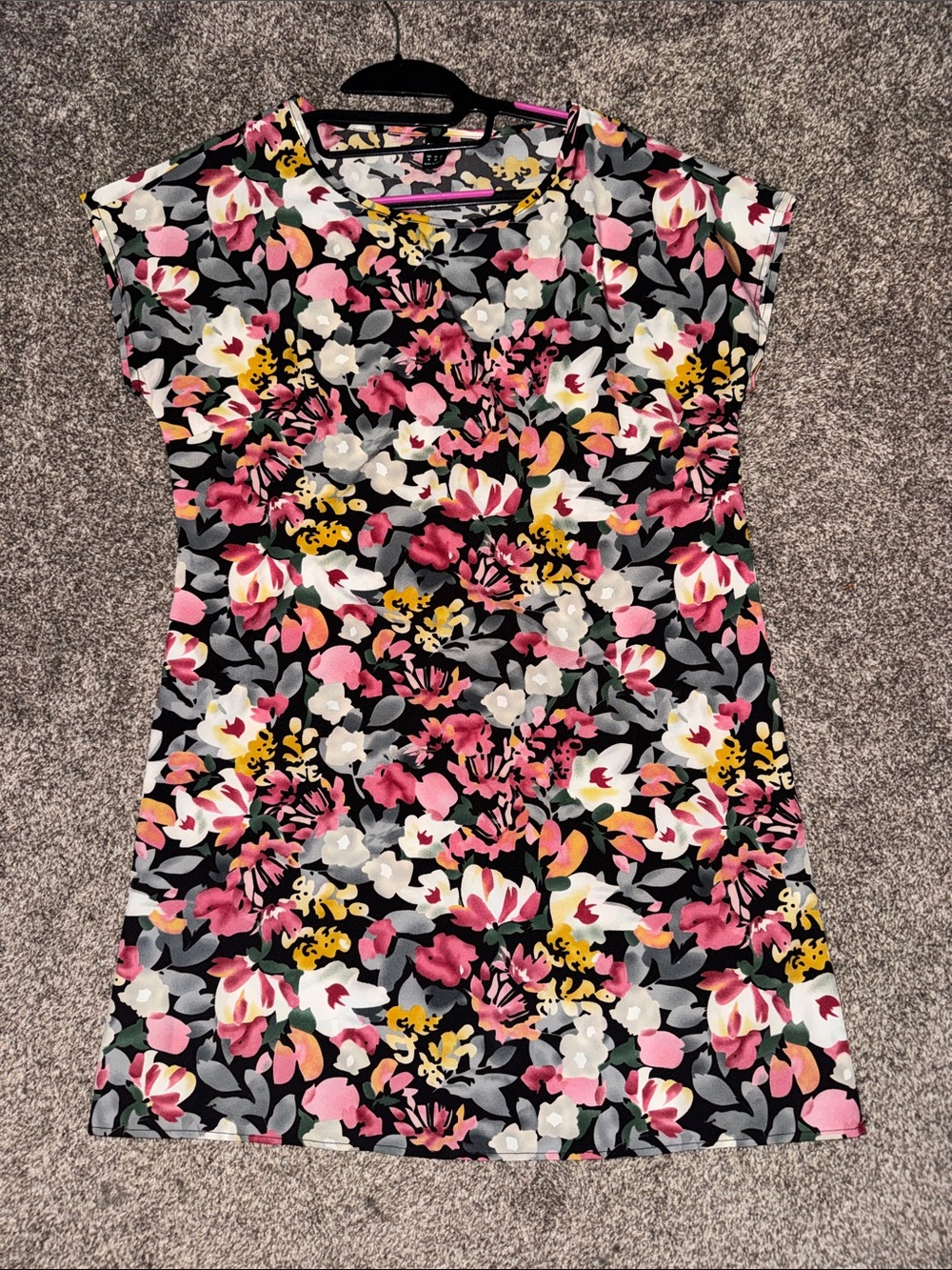 SHEIN Black Floral Tee Dress with Pink, White & Yellow Accents